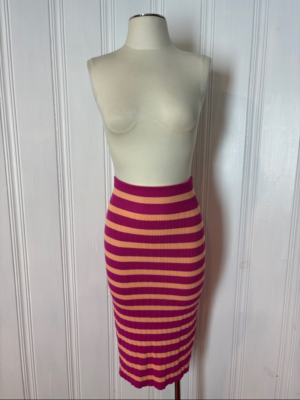 NWT CLUB MONACO Pink & Peach Striped Ribbed Knit Tube Pencil Skirt - size XS